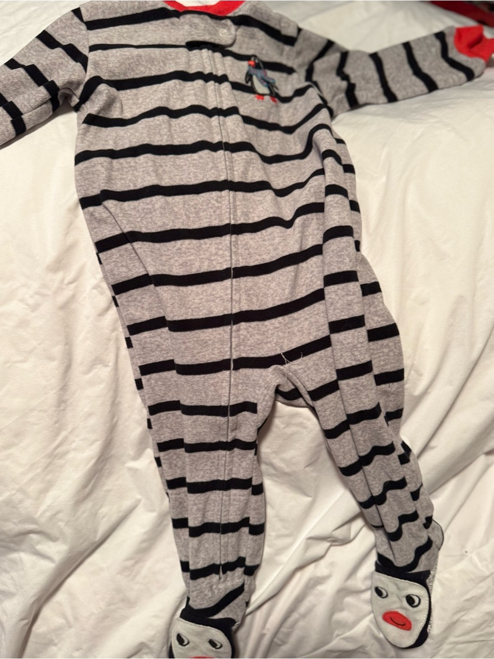 Carter’s Gray & Black Fleece Striped Footed Baby One-Piece with Penguin Detail